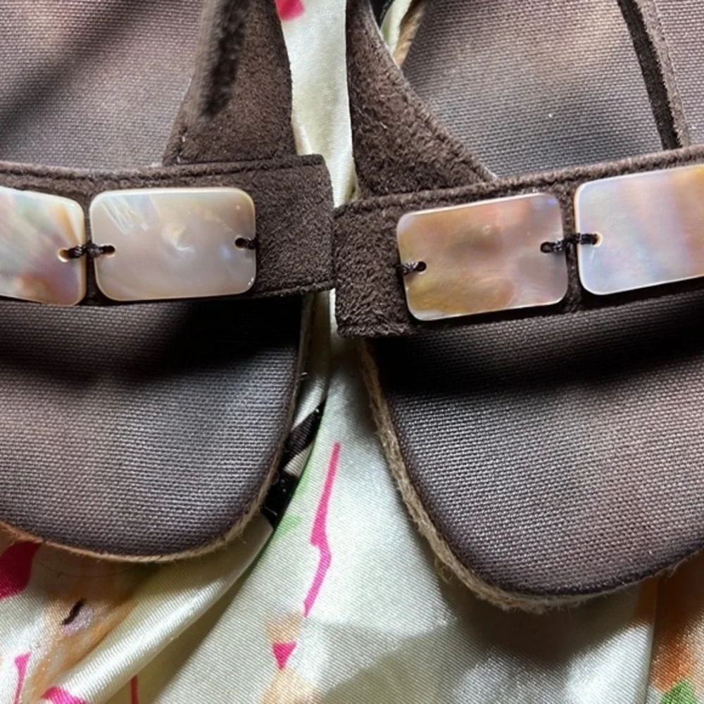 Nine West brown suede espadrille mother of pearl‎ accent open toe lace up 8